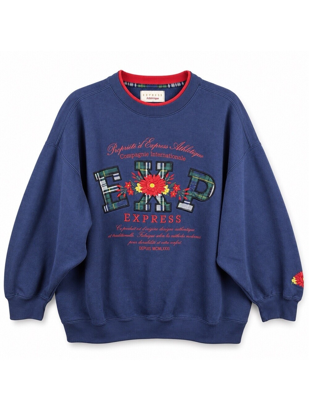 Vtg 90s Express Athletique Sweatshirt Petite Navy Plaid EXP Floral Korea 24x23